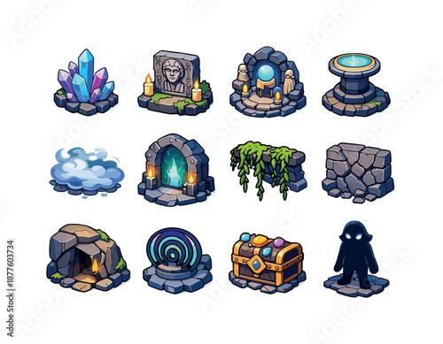 Mysterious Cavern Icons. mysterious caverns. Colorful isometric vector icons set of mysterious caverns: glowing crystals, ancient carving, forgotten shrine,