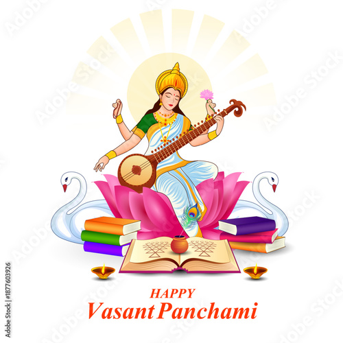 illustration of Vasant Panchami Saraswati Puja Indian festival background