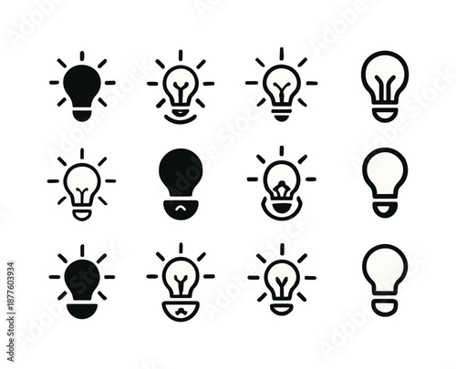 Dimmer Light Icons. Creating mood lighting with a dimmer. Icon set. Set Logo of creating mood lighting with a dimmer: glowing bulb. harmonious logo variations