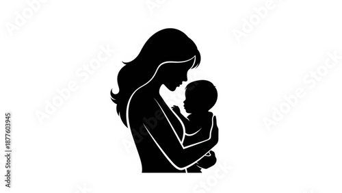 Mother Holding Baby Silhouette on White Background