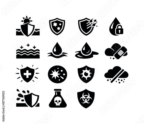 Skin Protection Icons. Skin protection mechanisms. Solid icon set of skin protection mechanisms: UV shield, pathogen barrier icon, abrasion protection symbol,
