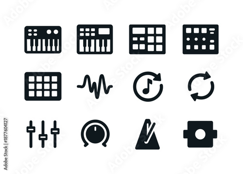 Music Production Icons. Music production tools. Solid icon set of Music production tools: MIDI controller, synth pad, drum machine, sampler pad, sequencer