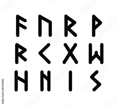 Ancient Rune Icons. Ancient runes. Solid icon set of ancient runes: fehu rune, uruz rune, thurisaz rune, ansuz rune, raidho rune, kenaz rune, gebo rune, wunjo