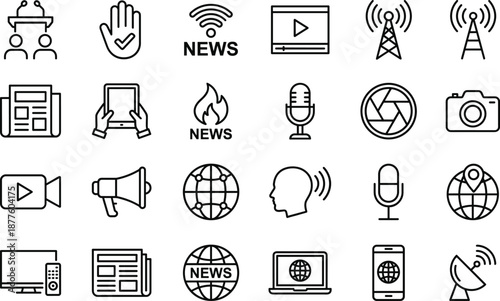 News media line icons set journalism broadcasting communication television radio digital information press symbols flat outline vector illustration collection