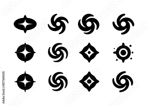 Galactic Core Icons. Galactic core. Icon set. Set Logo of Galactic core: Gravitational lens flare: Iconic shape, Stylized detail, Negative space, Flat solid,
