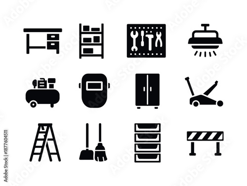 Workshop Tools Icons. Workshop environment. Solid icon set of workshop environment: workbench, storage shelf, tool pegboard, shop light, air compressor,