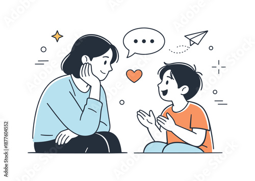 Parent-Child Connection. Parent-child conversation. A caring adult listening attentively while a child speaks. Trust, understanding, and emotional closeness in