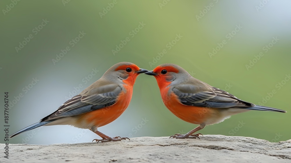 Fototapeta premium Two colorful songbirds with orange breasts and gray wings perched on wooden branch, appearing to touch beaks in romantic courtship display against blurred nature.