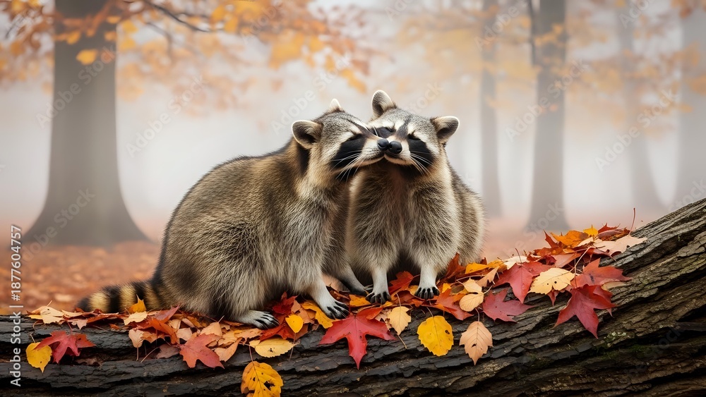 Fototapeta premium Two adorable raccoons cuddling together on fallen log surrounded by colorful autumn leaves in misty forest setting for wildlife and seasonal content.