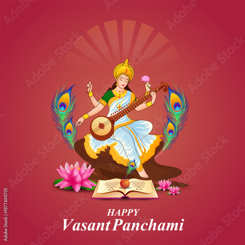 illustration of Vasant Panchami Saraswati Puja Indian festival background
