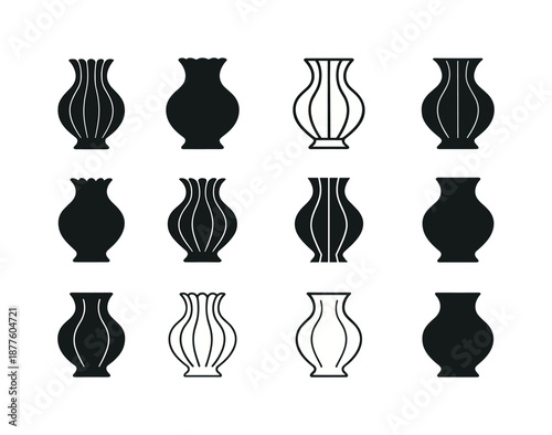 Flower Vase Logos. Tabletop flower vase. Icon set. Set Logo of tabletop flower vase: fluted porcelain vase. harmonious logo variations of the same emblematic