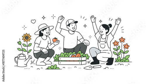 Joyful Garden Collaboration. Gardening together success. People smiling and enjoying a healthy garden with blooming plants. Sense of achievement and shared