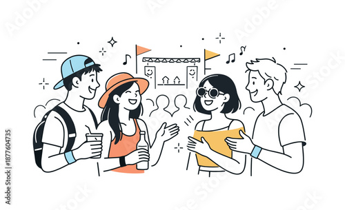 Festival Friends Interaction. Festival crowd interaction. Friends talking and laughing among the crowd, friendly connection and shared enjoyment. Minimalist