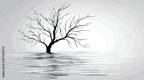 Silhouette of a leafless tree reflected in water with a gradient background