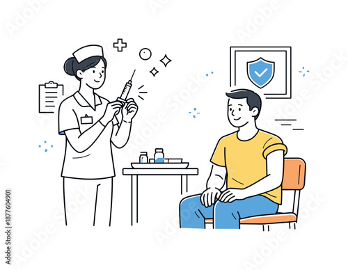 Calm Vaccination Scene. Vaccination moment clinic. Nurse preparing a syringe next to a seated patient, professional atmosphere and calm trust in healthcare.