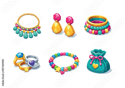 Fashion Jewelry Icons. Fashion Jewelry. Isometric flat vector icons set of Fashion Jewelry: statement necklace, chunky earrings, layered bracelets, fashion