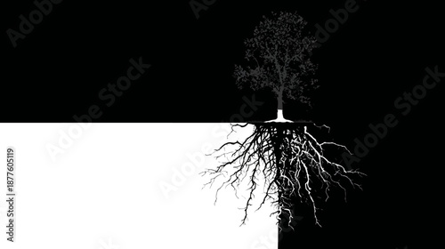 A grayscale depiction of a tree, its roots exposed and contrasted against black and white backgrounds
