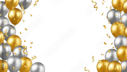 Festive Frame Background with Gold and Silver Balloons and Falling Confetti