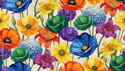 A vibrant and colorful floral pattern with various blooming flowers