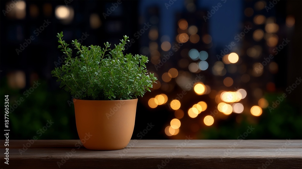 Fototapeta premium Cozy Nighttime Balcony Scene with City Lights Bokeh and Calm Urban Atmosphere 