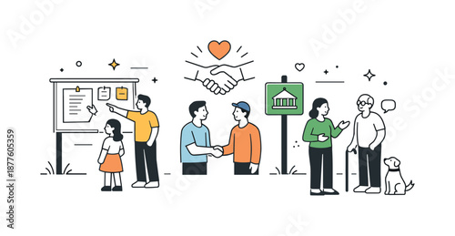 Civic Harmony Art. Civic Symbols Illustration ? Community and Society. Several simple characters standing near shared civic icons like a notice board or public