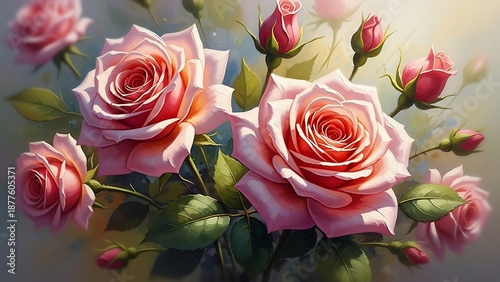 A delicate arrangement of pink roses in full bloom and budding stage
