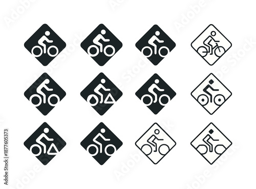 Biking Logo Variations. Biking. Icon set. Set Logo of biking: trail path marker. harmonious logo variations of the same emblematic concept, each with different