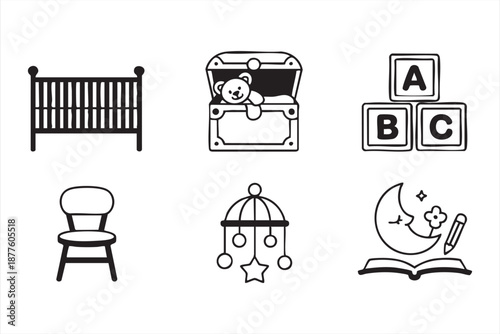 Kids room vector icon set with toy chest, alphabet blocks and mobile