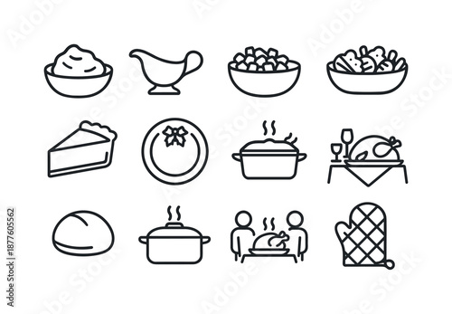 Holiday Dish Icons. Holiday dishes. Line icon set of Holiday dishes: mashed potatoes, gravy boat, stuffing bowl, roasted vegetables, pie slice, festive plate,