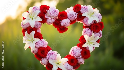 A beautiful heart shaped arrangement of red roses white lilies and pink peonies