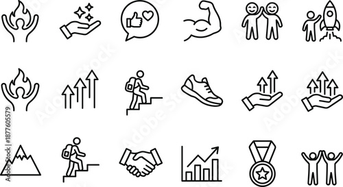 Motivation success line icons set achievement growth teamwork strength progress goals inspiration business performance flat outline vector illustration collection