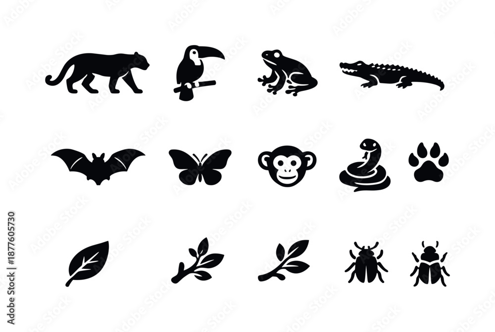 Obraz premium Jungle Wildlife Icons. Jungle wildlife. Solid icon set of jungle wildlife: jaguar silhouette, toucan silhouette, tree frog, crocodile silhouette, bat