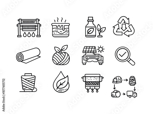 Sustainable Textile Icons. Sustainable textile production. Line icon set of Sustainable textile production: water-efficient loom, dye vat, plant dye bottle,