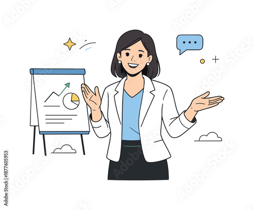 Confident Presentation Skills. Confident delivery. Speaker using hand gestures and eye contact while presenting, showing clarity and engagement. Positive