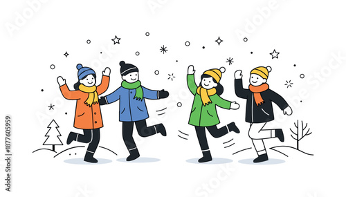 Winter Dance Celebration. People dancing in falling snow outdoors. Simple winter landscape with dancers in coats and scarves, fresh air and relaxed seasonal