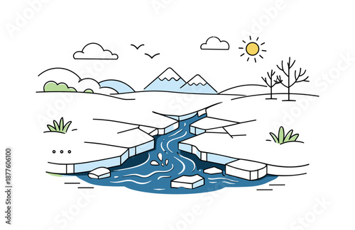 Spring Thaw Awakening. Ice breaking in nature. A simple landscape with frozen water beginning to crack and open, revealing flowing water beneath. The