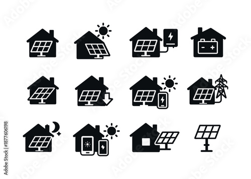 Solar Homes Icons. Solar-powered homes. Solid icon set of solar-powered homes: solar array, sun icon, inverter box, battery storage, rooftop panel, solar