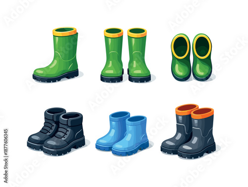 Colorful Waterproof Boots Icons. Waterproof footwear. Isometric flat vector icons set of Waterproof footwear: rubber boots side view, rubber boots front view,