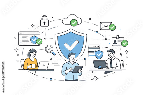 Secure Enterprise Environment. Secure enterprise environment. Employees and systems operating inside a protected digital space marked by shields and
