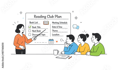 Reading Club Coordination. Reading club planning. Organizer pointing at a book list or schedule while others look on. Organized approach to choosing books and