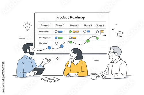 Roadmap Review Illustration. Product delivery alignment. Stakeholders reviewing a finalized roadmap with clear phases and outcomes. Calm shared understanding