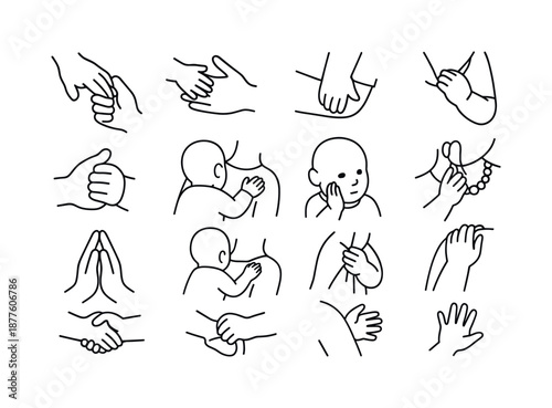 Baby Hand Icons. Baby hands grasping. Line icon set of baby?caregiver interaction: baby hand holding parent's finger, baby hand touching parent's hand, baby