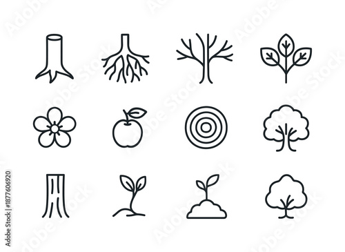 Tree Anatomy Icons. Tree anatomy. Line icon set of Tree anatomy: trunk, roots, branches, leaves cluster, blossom, fruit hanging, cross-section ring, tree