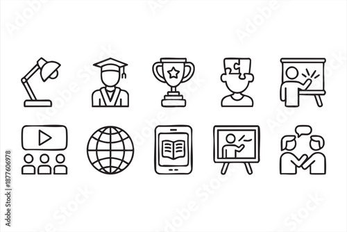 Education elearning icons for course dashboards, virtual classroom UI, training apps