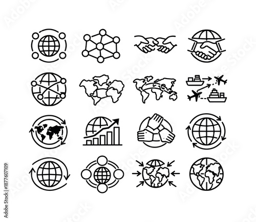 Global Alliances Icons. Global Regional Alliances. Line icon set of Global Regional Alliances: world regions connection, global network nodes, regional blocs
