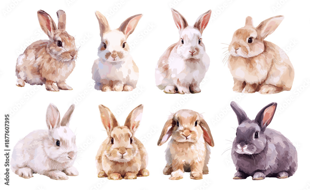 Fototapeta premium Watercolor cute bunny set. Easter symbol white, brown and grey rabbit for greeting cards and decoration, vector illustration