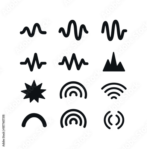 Sound Intensity Icons. Sound intensity icons. Solid icon set of sound intensity icons: low wave, medium wave, high wave, quiet pulse, loud pulse, sharp spike,
