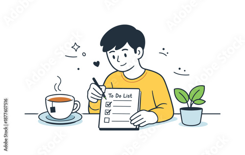 Mindful To-Do List. Simple daily routine. A character organizing a short to-do list beside a cup of tea and a plant. Calm rhythm, focus, and mindful everyday