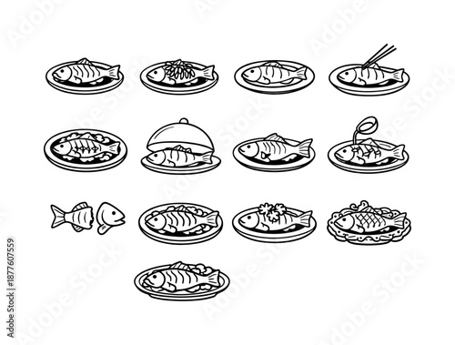 Chinese Fish Icons. Chinese Steamed Fish. Line icon set of Chinese Steamed Fish: whole fish soy sauce, ginger scallion fish, oval plate fish, chopsticks