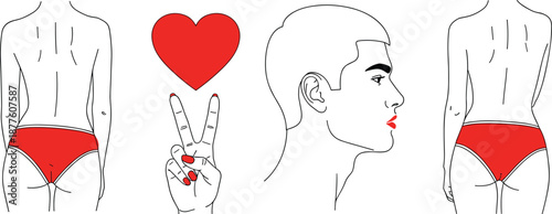 Artistic silhouette of female body in red lingerie, romantic heart, peace sign hand, and male profile on black background, vector.